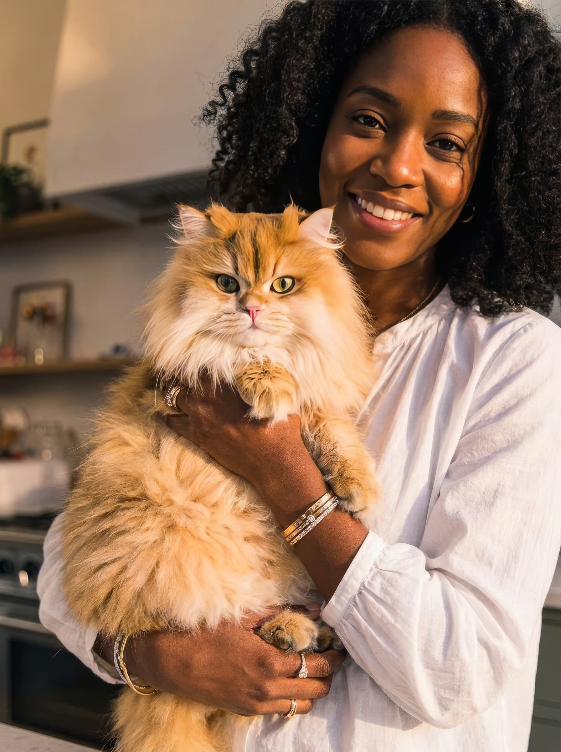 woman holding a fluffy orange cat